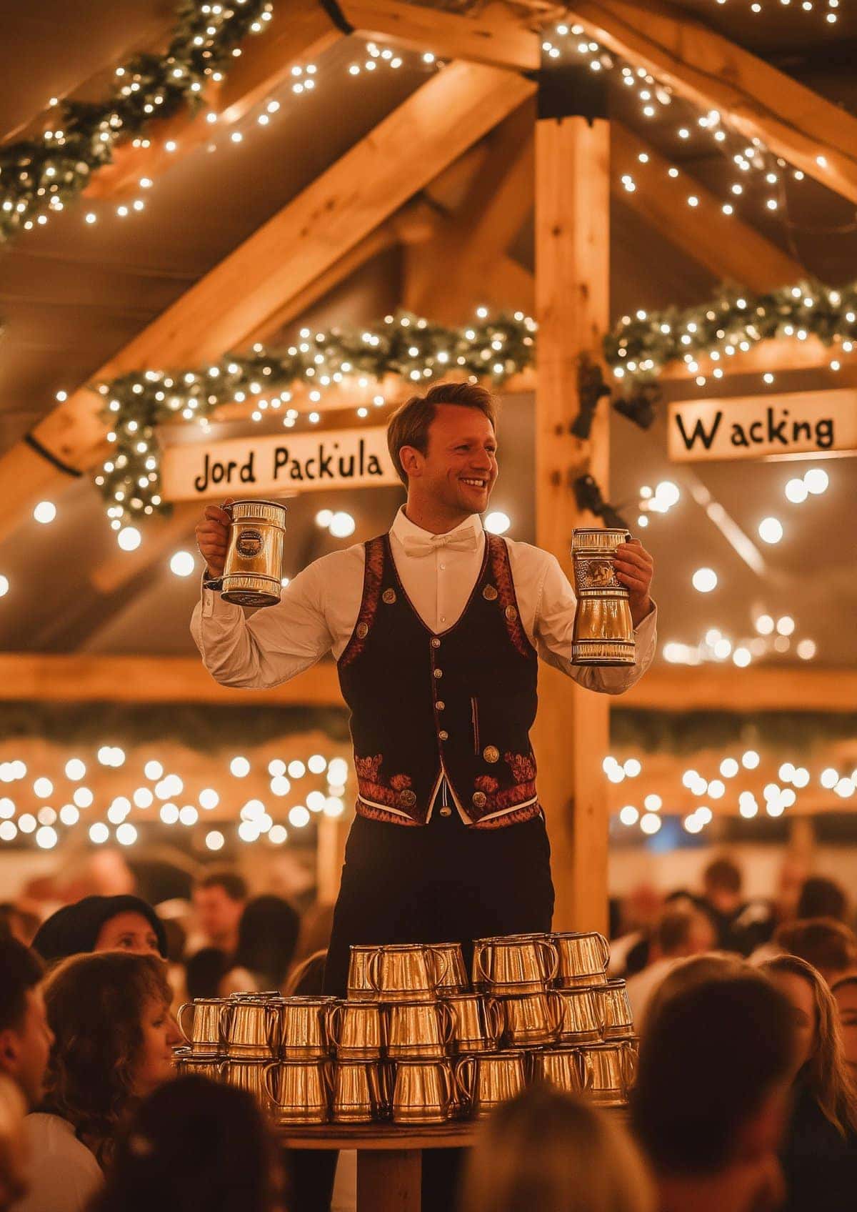 Festive beer steward at traditional Oktoberfest in Munich, Germany, holding beer steins, surrounded by happy crowd, decorated with string lights, capturing authentic beer festival atmosphere.